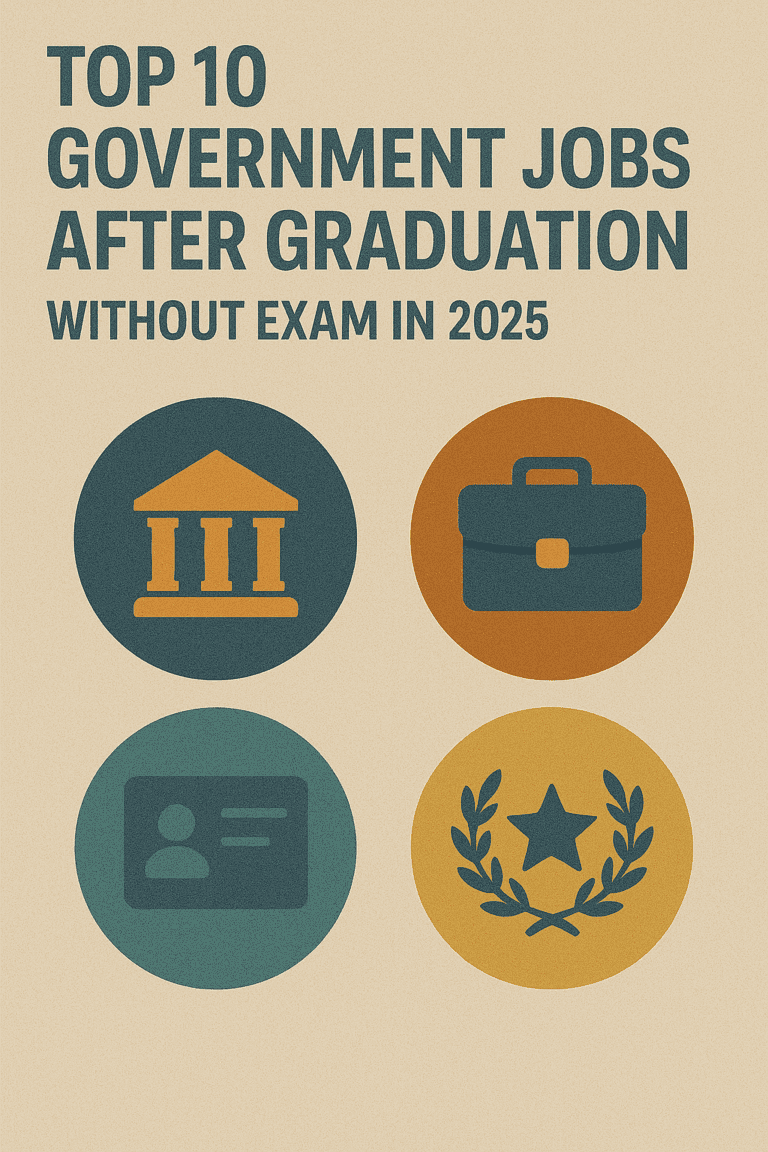 Educational poster titled 'Top 10 Government Jobs After Graduation Without Exam in 2025' on a beige background with bold dark green and orange text. Below the heading are four circular icons: the top-left icon shows a government building with pillars on a dark teal background, symbolizing public sector institutions; the top-right icon displays an orange briefcase on a dark background, representing job roles; the bottom-left icon features an identification card labeled 'authorized' on a teal circle, symbolizing official verification or job entry; and the bottom-right icon shows a laurel wreath with a central star on a mustard background, representing recognition or civil honors. The image highlights career opportunities in 'Government Jobs Without Exam' through official symbols and professional icons.