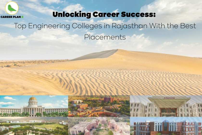 Promotional banner titled “Unlocking Career Success: Top Engineering Colleges in Rajasthan With the Best Placements,” featuring a vast desert landscape symbolizing Rajasthan’s geography. Below the sand dunes, a collage of campus buildings from reputed engineering institutes in Rajasthan is displayed, representing academic excellence and infrastructure. The Career Plan B logo, with a green parrot inside a circular frame, appears in the top-left corner, indicating expert educational guidance. This visual promotes top engineering colleges in Rajasthan known for strong placement records and career opportunities.