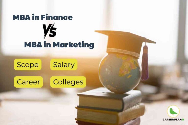 Informative comparison image for MBA in Finance and MBA in Marketing by Career Plan B. The left section contains bold navy blue headline text “MBA in Finance vs MBA in Marketing.” Below, four large yellow buttons display “Scope,” “Salary,” “Career,” and “Colleges,” indicating a detailed comparison of career scope, salary prospects, potential career paths, and best colleges for each MBA specialization. On the right, a small globe with a black graduation cap and purple tassel is stacked on three books in a brightly lit academic setting, symbolizing global education and graduation opportunities. The bottom right features the green bird logo and “CAREER PLAN B” branding. The image’s soft background with sunlight filtering through windows enhances the scholarly and informative theme, while all visual and textual elements together highlight extensive guidance for MBA in Finance and MBA in Marketing, effectively including the key phrase "MBA in Finance and MBA in Marketing."