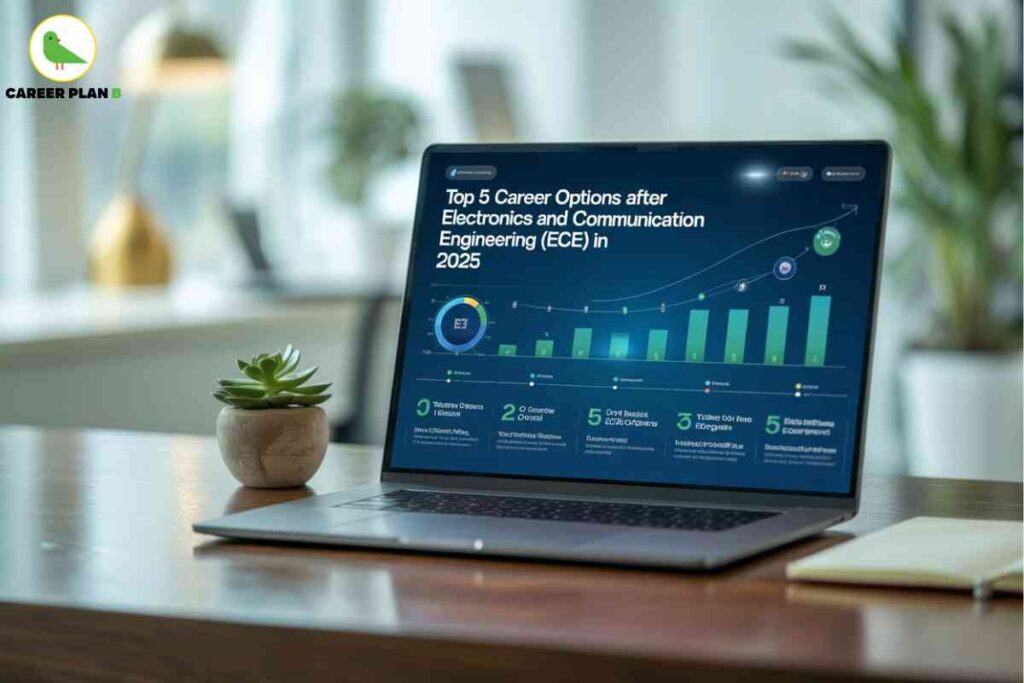Photo of a sleek, modern workspace with a laptop placed on a polished wooden desk, showing a digital graph and infographic on its screen titled “Top 5 Career Options after Electronics and Communication Engineering (ECE) in 2025.” The infographic displays upward-trending bar and line charts and five labeled career paths with brief descriptions and icons: 1) Telecom Domain Expert, 2) IoT (Internet of Things) Specialist, 3) Cyber Security & Data Analytics, 4) VLSI/Chip Design Engineer, and 5) Data Intelligence Consultant. To the left of the laptop is a small potted succulent in a beige planter, and to the right, a closed notebook and pen rest on the table. The blurred background reveals a bright, airy office or home setting with large windows, indoor plants, and golden accent décor, radiating a calm, professional atmosphere. The top left contains the Career Plan B logo—a green bird inside a yellow ring and “CAREER PLAN B” written in black and green text. The image seamlessly incorporates detailed visual and textual elements summarizing current top career options after electronics and communication engineering for 2025, suitable for accessibility and effectively using the key phrase "Career Options After Electronics and Communication Engineering