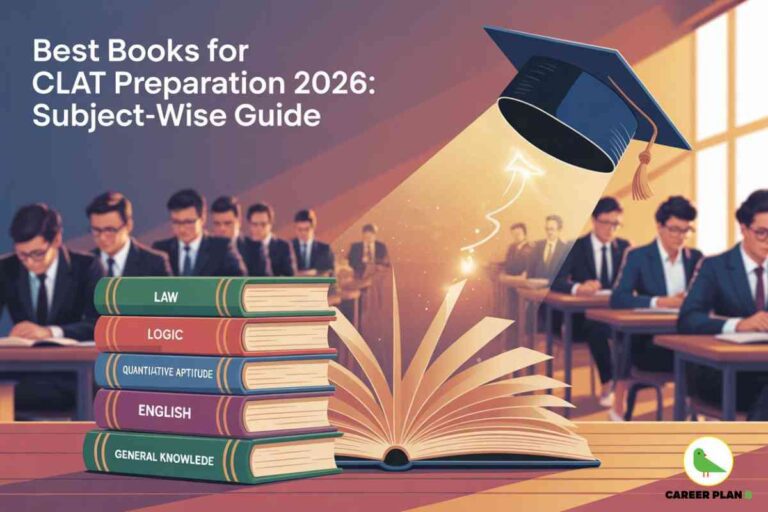 Illustrative classroom scene for best books for CLAT preparation 2026 subject-wise guide. The top left displays white headline text: “Best Books for CLAT Preparation 2026: Subject-Wise Guide.” In the foreground, a neat stack of five textbooks labeled “LAW,” “LOGIC,” “QUANTITATIVE APTITUDE,” “ENGLISH,” and “GENERAL KNOWLEDGE” sits on a wooden desk. Beside the stack, an open book faces upward, with luminous rays and white arrows emerging from its center, leading to a navy blue graduation cap and tassel, symbolizing academic achievement and exam success. Multiple students in dark blazers and ties are seated at desks in the background, in a warmly lit classroom with tall windows. The bottom right features a green bird logo with “CAREER PLAN B” black text. The composition contains all key visual elements—stacked subject books for CLAT, open book, graduation cap, classroom setting, and detailed branding—clearly conveying the theme of best books for CLAT preparation 2026