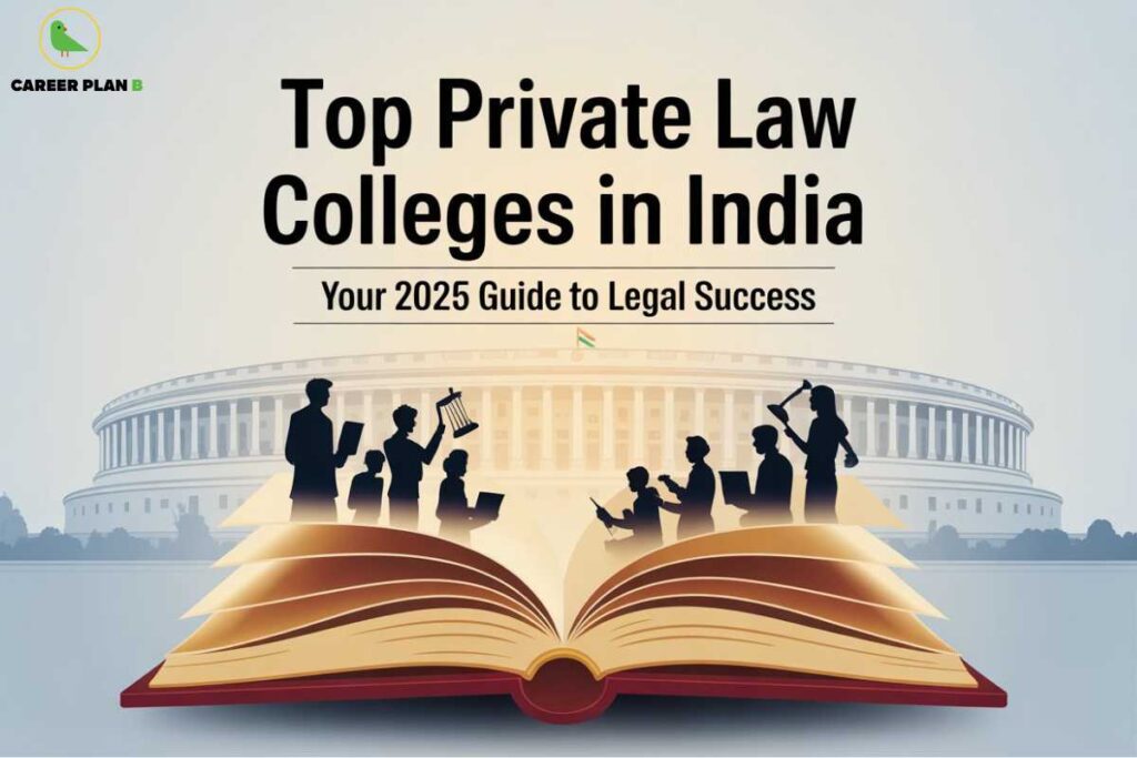 Illustration titled "Top Private Law Colleges in India – Your 2025 Guide to Legal Success" featuring silhouettes of law students and professionals holding legal symbols like scales of justice, books, and laptops standing on an open book, with the Indian Parliament building and a small Indian flag in the background; the logo of Career Plan B with a green bird is placed at the top-left corner.