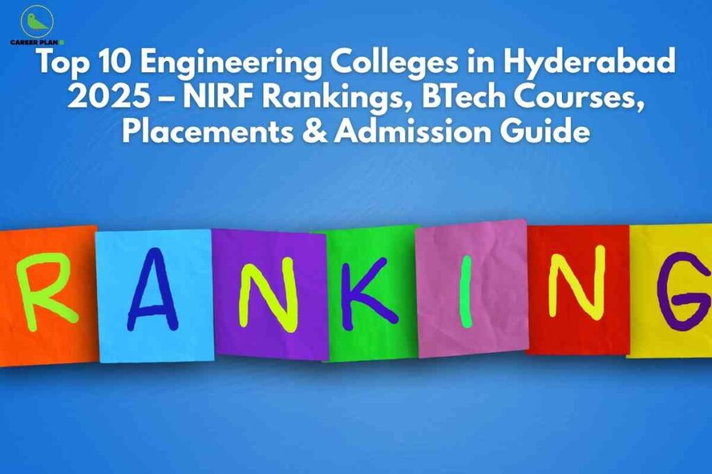 On a blue background, colorful paper cards spell "RANKING" in hand-drawn letters. The title at the top reads "Top 10 Engineering Colleges in Hyderabad 2025 – NIRF Rankings, BTech Courses, Placements & Admission Guide," with the Career Plan B logo in the upper left.