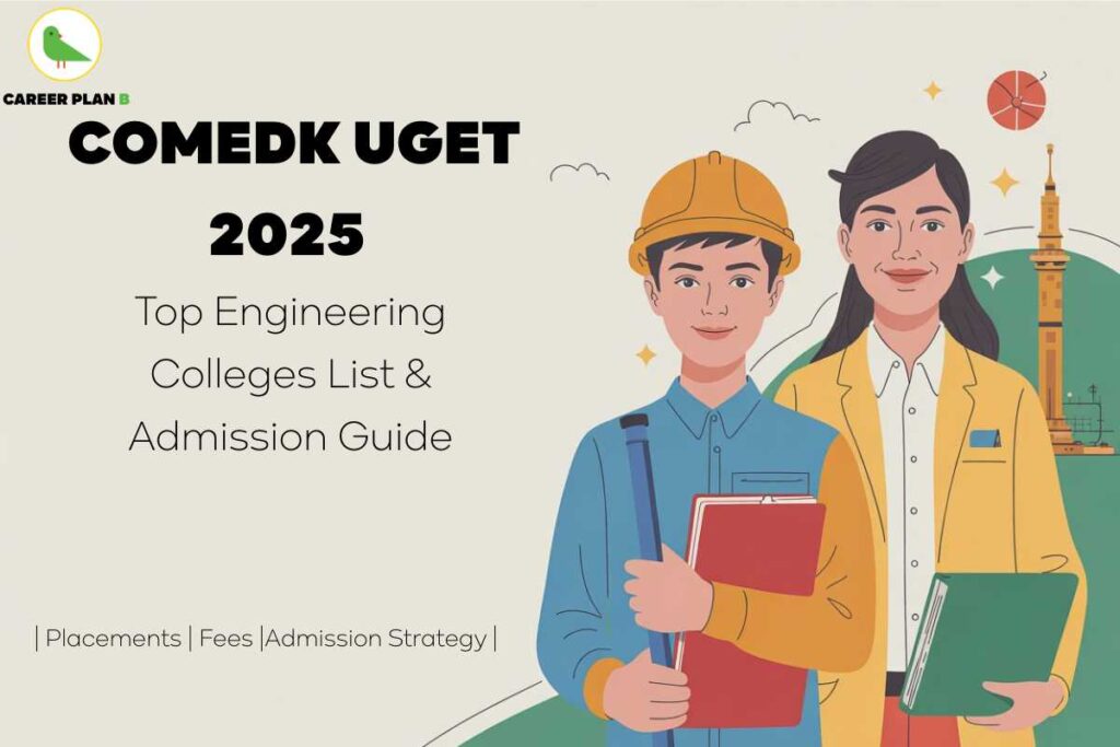 COMEDK UGET 2025 colleges — illustrated banner featuring two engineering students, one male wearing a yellow safety helmet and holding a red folder with a blue strap, and one female in a yellow blazer holding a green folder. The background includes engineering-related graphics like a tower and compass. The text reads: 'COMEDK UGET 2025 – Top Engineering Colleges List & Admission Guide' with additional info at the bottom mentioning Placements, Fees, and Admission Strategy. The Career Plan B logo with a green bird appears in the top-left corner.