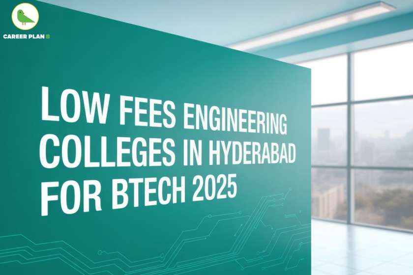 "Low fees engineering colleges in Hyderabad for BTech 2025 – Career Plan B guide. Bold white text on green wall in a modern room with city view background. Tech-themed graphic with digital circuit lines and Career Plan B logo in the top left." Let me know if you’d like an optimized HTML snippet or caption as well.
