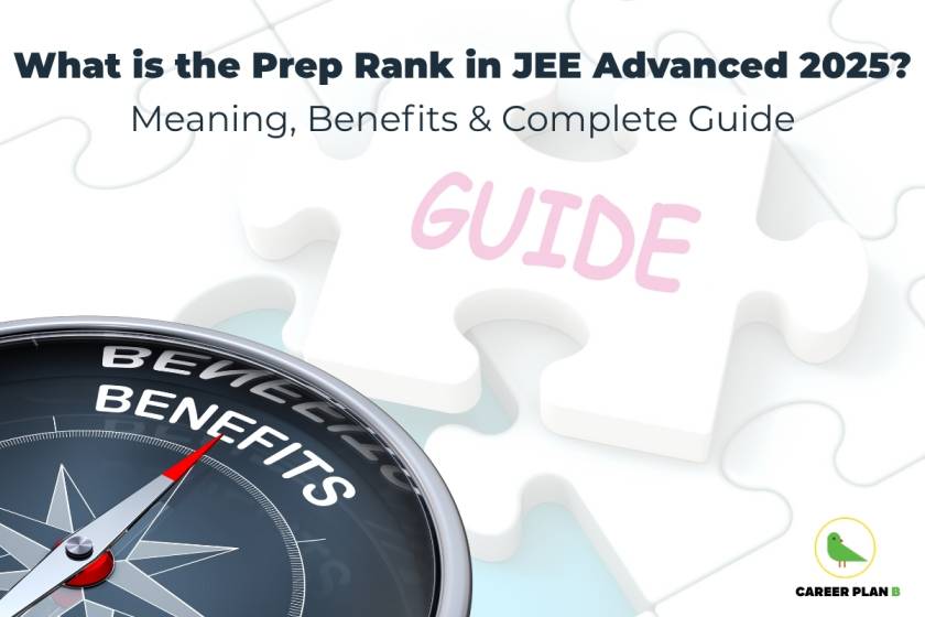What is the Prep Rank in JEE Advanced 2025? Meaning, Benefits & Complete Guide written on a puzzle background with the word 'GUIDE' highlighted in pink and a black compass showing the word 'BENEFITS', with the Career Plan B logo of a green bird in the bottom-right corner