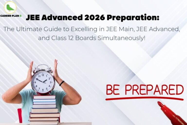 JEE Advanced 2026 Preparation banner with the title 'The Ultimate Guide to Excelling in JEE Main, JEE Advanced, and Class 12 Boards Simultaneously!' A student sits behind a stack of books, holding an alarm clock in front of their face, symbolizing time management. On the right side, 'BE PREPARED' is written in red with a red marker pen. The Career Plan B logo featuring a green bird is at the top-left corner