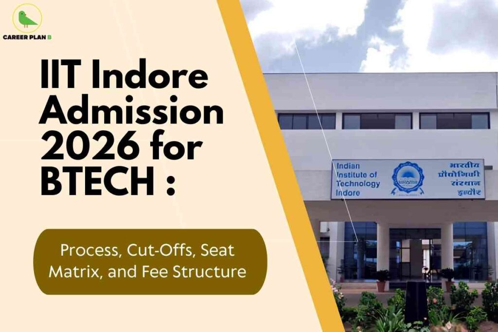 This image provides key information about undergraduate admissions for engineering at IIT Indore in 2026. In the top left corner, a green bird logo is visible with the text "CAREER PLAN B" next to it. On the left half of the image, a bold headline in large black letters reads: “IIT Indore Admission 2026 for BTECH :”. Below the headline, a brown rounded rectangle contains the text: “Process, Cut-Offs, Seat Matrix, and Fee Structure” in white font. The right side features a photograph of the entrance to the Indian Institute of Technology Indore, with a prominent signboard showing the institute’s name in both English and Hindi, set against a modern white building, greenery, and a partly cloudy sky. The visual layout clearly highlights admission details and essential topics related to B.Tech courses.