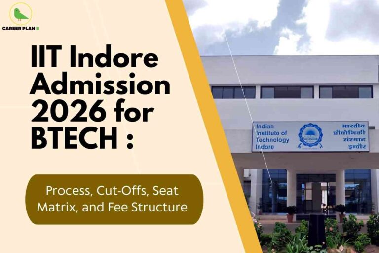 This image provides key information about undergraduate admissions for engineering at IIT Indore in 2026. In the top left corner, a green bird logo is visible with the text "CAREER PLAN B" next to it. On the left half of the image, a bold headline in large black letters reads: “IIT Indore Admission 2026 for BTECH :”. Below the headline, a brown rounded rectangle contains the text: “Process, Cut-Offs, Seat Matrix, and Fee Structure” in white font. The right side features a photograph of the entrance to the Indian Institute of Technology Indore, with a prominent signboard showing the institute’s name in both English and Hindi, set against a modern white building, greenery, and a partly cloudy sky. The visual layout clearly highlights admission details and essential topics related to B.Tech courses.