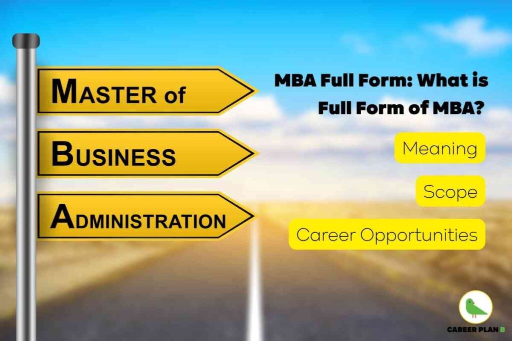 Informational graphic illustrating the full form of MBA. The left side features a metallic signpost with three yellow directional boards labeled in bold black text: “MASTER of,” “BUSINESS,” and “ADMINISTRATION,” with capital letters “M,” “B,” and “A” prominently displayed at the start of each board. On the right, large black text asks, “MBA Full Form: What is Full Form of MBA?” with additional yellow boxes below reading “Meaning,” “Scope,” and “Career Opportunities.” The background shows a bright blue sky and an open road stretching into the distance, symbolizing opportunities and future pathways. The Career Plan B logo—a green bird in a white circle with “CAREER PLAN B” text—appears in the lower right corner. The image clearly and visually conveys the expanded meaning of the MBA abbreviation—Master of Business Administration—alongside context about its significance, career scope, and opportunities.
