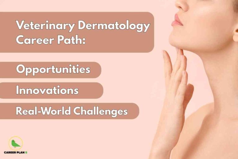 A contemporary careers image for veterinary dermatology, featuring a person gently touching their cheek against a soft pink background, with prominent text reading “Veterinary Dermatology Career Path: Opportunities, Innovations, Real-World Challenges,” visually emphasizing the dynamic opportunities, new advancements, and practical challenges found in veterinary dermatology career paths.