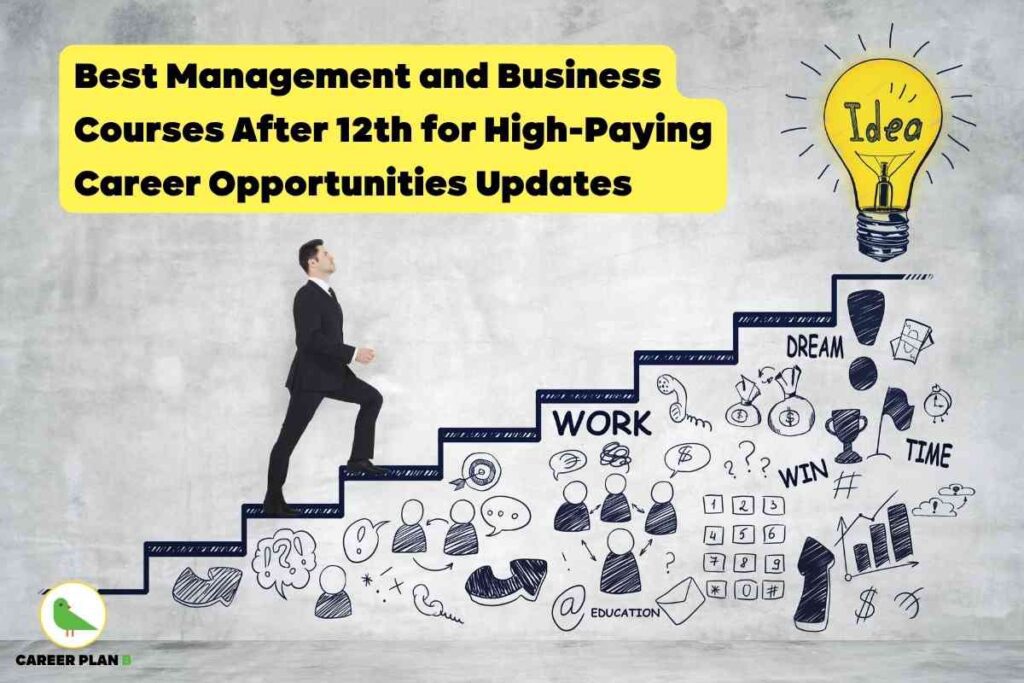 Educational promotional image about the best management and business courses after 12th for high-paying career opportunities in 2025, presented by Career Plan B. The top section features a bold headline in large black font on a bright yellow background: “Best Management and Business Courses After 12th for High-Paying Career Opportunities Updates.” In the center, a young man in a black suit climbs upward on illustrated staircase steps, each step featuring hand-drawn icons representing work, education, teamwork, finance, and planning. At the top right, a large yellow light bulb with the word “Idea” symbolizes innovation and success. Doodles next to the steps include graphics for “WORK,” “DREAM,” “WIN,” “TIME,” trophies, money, a graph, communication symbols, and an envelope marked “EDUCATION.” The lower left displays the green bird Career Plan B logo, indicating the source. The visual captures the journey toward management careers after 12th with educational, professional, and motivational elements, clearly highlighting the concept of business management courses after 12th, career advancement, innovation, and opportunities for growth.