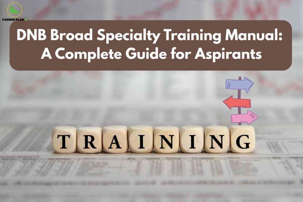 This image serves as a guide for DNB Broad Specialty training aspirants. At the top, set against a brown background strip, the title "DNB Broad Specialty Training Manual: A Complete Guide for Aspirants" is displayed in large white font. In the upper left, the "CAREER PLAN B" logo featuring a green bird icon is visible. The lower portion features wooden blocks arranged to spell out "TRAINING" on a sheet of paper with printed data or text. To the right, a multicolored signpost with arrows points in several directions, symbolizing guidance and choices in training pathways. The theme focuses on providing comprehensive support and direction for DNB specialty candidates.