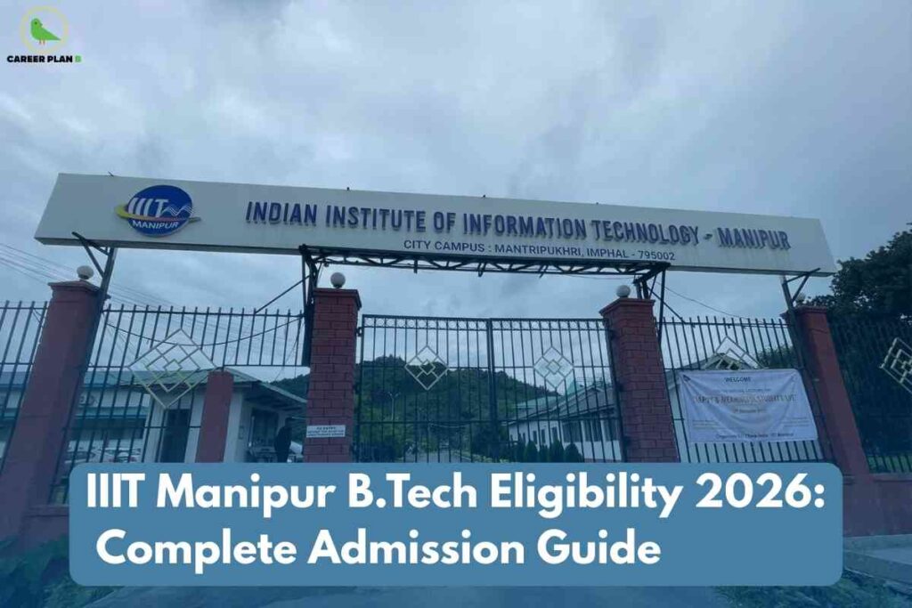 A clear entrance photo for IIIT Manipur B.Tech Eligibility 2026, featuring the main gate of Indian Institute of Information Technology Manipur with prominent signage, red pillars, black fencing, green hills in the background, and a blue overlay highlighting “IIIT Manipur B.Tech Eligibility 2026: Complete Admission Guide,” naturally emphasizing key eligibility and admission details for B.Tech aspirants in 2026.