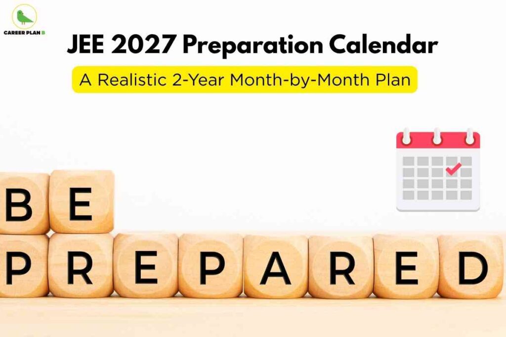 A focused study planning image for month-wise JEE preparation 2027, featuring a wooden block arrangement spelling “BE PREPARED,” a large monthly calendar icon with a checkmark, and bold headline text “JEE 2027 Preparation Calendar: A Realistic 2-Year Month-by-Month Plan,” clearly communicating the concept of a detailed study schedule and readiness for JEE preparation over two years.