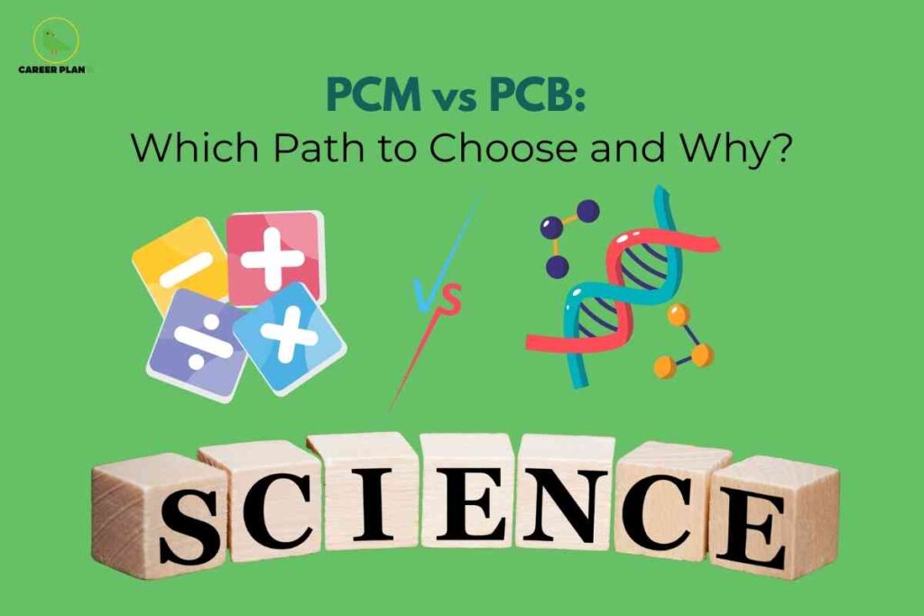 This image features a bright green background with a small green and gold “CAREER PLAN” logo in the upper left corner. Centered at the top, the bold teal and black text reads “PCM vs PCB: Which Path to Choose and Why?” In the lower half, the word “SCIENCE” is spelled out in large black letters on wooden blocks. To the left of the blocks are colorful icons representing mathematical operations (plus, minus, divide, and multiply) symbolizing PCM (Physics, Chemistry, Mathematics). To the right, illustrated graphics of a DNA helix and molecular structures represent PCB (Physics, Chemistry, Biology). Between the icons, a stylized "vs" emphasizes the choice between the two science streams. The visual highlights the decision high school students face when choosing between PCM and PCB subject combinations.