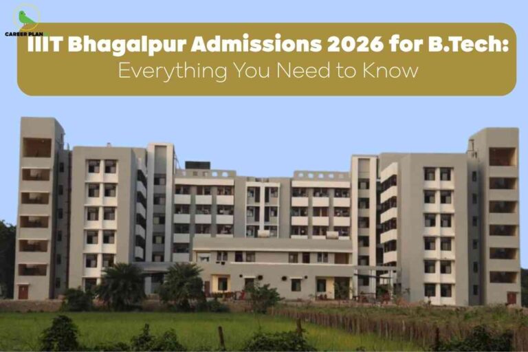 A spacious view of the IIIT Bhagalpur campus building with modern architecture, lush green lawn in front, clear blue sky background and prominent text banner at the top describing IIIT Bhagalpur B.Tech admissions for 2026, conveying everything prospective students need to know about IIIT Bhagalpur B.Tech admissions in a welcoming and informative manner.