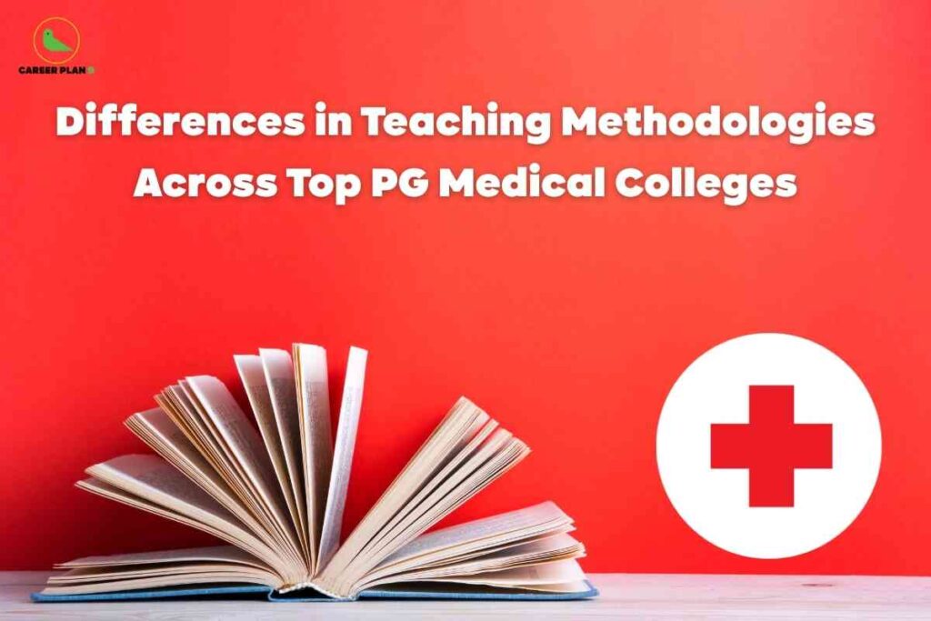 An open book with visible pages is placed on a wooden surface against a vibrant red background, accompanied by a bold headline describing differences in medical college teaching methods across top PG institutions, along with a prominent white circle featuring a red medical cross, visually representing the diverse and innovative teaching methods used in leading medical colleges.