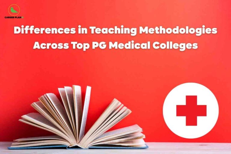 An open book with visible pages is placed on a wooden surface against a vibrant red background, accompanied by a bold headline describing differences in medical college teaching methods across top PG institutions, along with a prominent white circle featuring a red medical cross, visually representing the diverse and innovative teaching methods used in leading medical colleges.