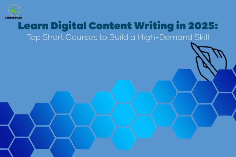 A modern blue-themed graphic with interconnected hexagons and an outlined hand holding a pen, paired with bold headline text inviting viewers to learn digital content writing through top short courses in 2025, clearly communicating information about digital content writing courses and their role in building high-demand content creation skills.