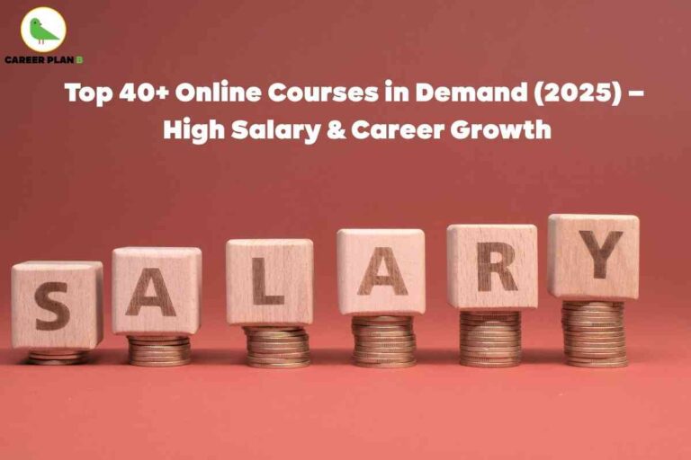 Wooden blocks spelling out "SALARY" sit atop stacks of coins, symbolizing high earnings potential. The headline reads "Top 40+ Online Courses in Demand (2025) – High Salary & Career Growth," seamlessly incorporating the key phrase "online courses in demand 2025." The Career Plan B logo appears in the top left, emphasizing trustworthy career guidance. The warm red background and precise arrangement highlight the connection between popular online courses and increased salary prospects for 2025.