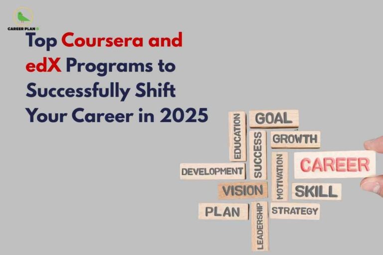 A hand is seen arranging light wooden blocks, each printed with key career-related words such as goal, growth, education, and skill, with one block highlighting career in red, while bold headline text in red and blue introduces top Coursera and edX programs designed to help shift your career successfully in 2025, clearly illustrating the supportive role of top Coursera and edX programs in career development.