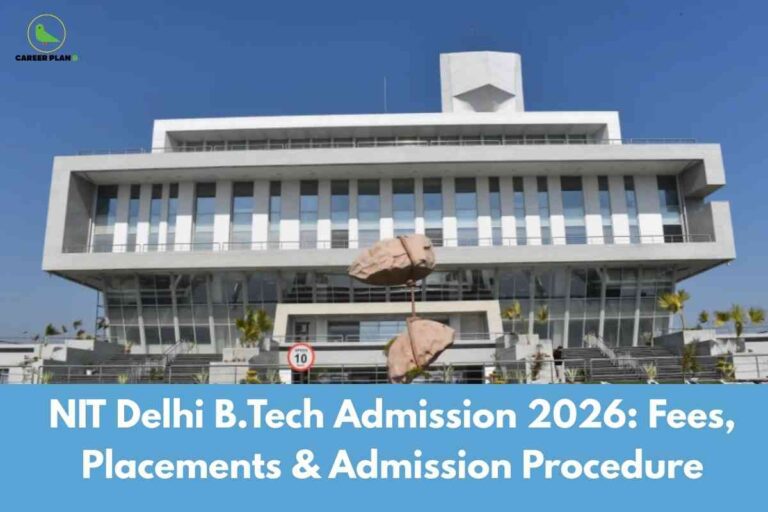 A striking image of the NIT Delhi campus features a contemporary multi-story academic building with large windows and geometric lines under a clear blue sky, with a central sculpture and palm trees at the front entrance, paired with a prominent banner detailing NIT Delhi B.Tech admission 2026 including fees, placements, and admission procedure, clearly presenting vital details for NIT Delhi B.Tech admission in a modern campus environment.