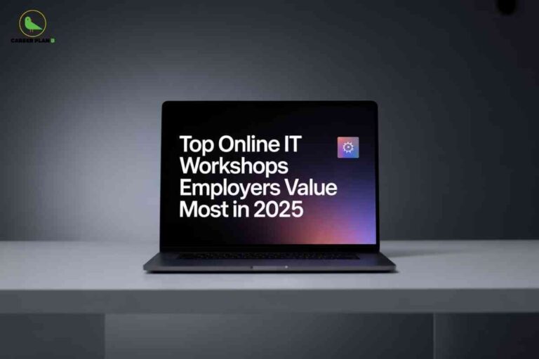 A modern laptop sits on a minimalist desk with a dark gradient screen displaying the bold headline top online IT workshops employers value most in 2025, visually emphasizing the importance and relevance of top online IT workshops for career advancement in the technology sector.