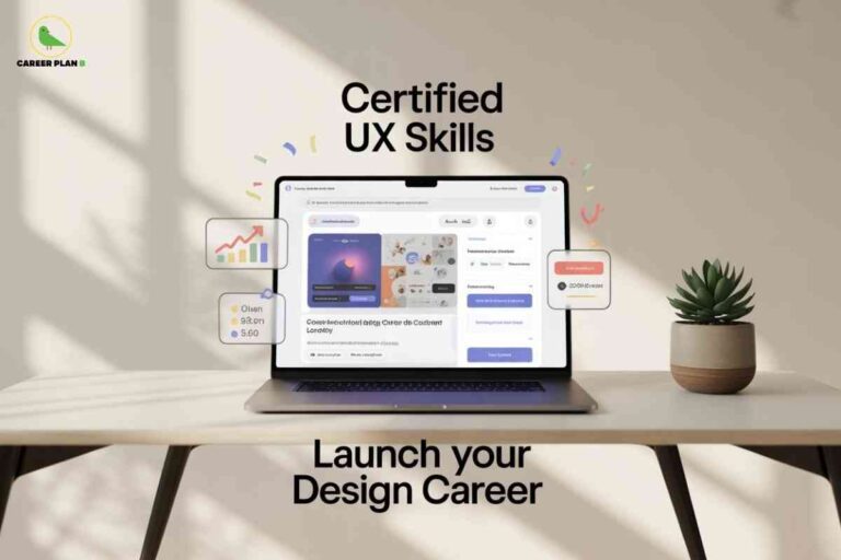 A sleek laptop on a bright table displays a modern dashboard and analytics graphics, with surrounding icons representing growth and project stats, while bold headline text encourages launching your design career with certified UX skills, visually illustrating how the best UX certifications can empower individuals to start and advance a successful design career in a creative digital environment.