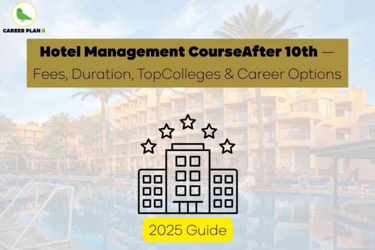 Informative banner for students interested in hotel management courses after 10th, created by Career Plan B. The background features a modern resort hotel with palm trees and a swimming pool, symbolizing the hospitality industry. Centered at the top, a bold gold headline in black text reads: “Hotel Management Course After 10th — Fees, Duration, Top Colleges & Career Options.” Directly below, smaller text emphasizes key topics: “Fees, Duration, Top Colleges & Career Options.” In the center foreground, there is an outlined graphic of a multi-storey hotel building with five stars above it, representing excellence in hospitality training. At the bottom of the image, a yellow highlighted box displays “2025 Guide,” emphasizing the current and relevant nature of the information. The upper left showcases the Career Plan B logo, featuring a green bird inside a circle and the company name. Overall, the image visually communicates guidance and options for students after class 10th, focusing on hotel management opportunities, essential course information, and career paths without referencing any facial features.