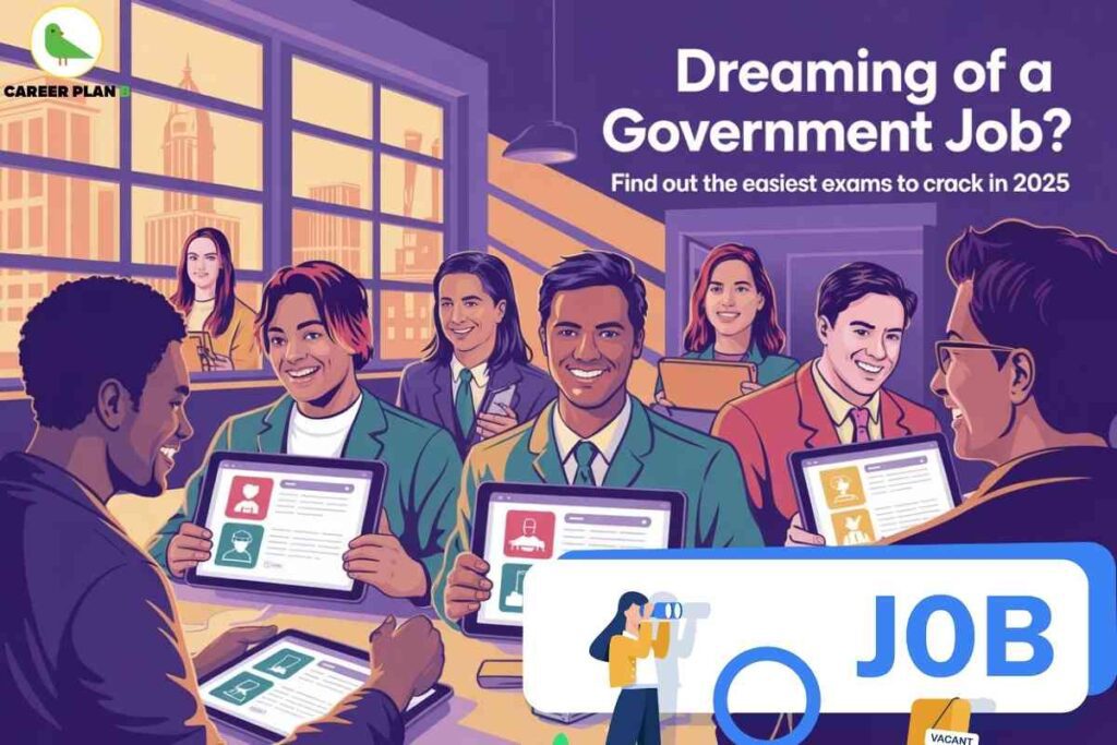 An image shows a group of young adults seated at desks in a classroom-like setting, each holding a tablet that displays application forms and profiles for various job opportunities. The backdrop features large windows with a cityscape outside, bathed in soft orange-yellow light. On the wall, bold white text reads “Dreaming of a Government Job? Find out the easiest exams to crack in 2025.” At the bottom, a prominent illustrated banner shows a woman using binoculars and a large word “JOB” with a vacancy sign attached, capturing the theme of searching for easiest government exams in India and securing job opportunities. The Career Plan B logo with a green bird inside a yellow circle appears at the top left.