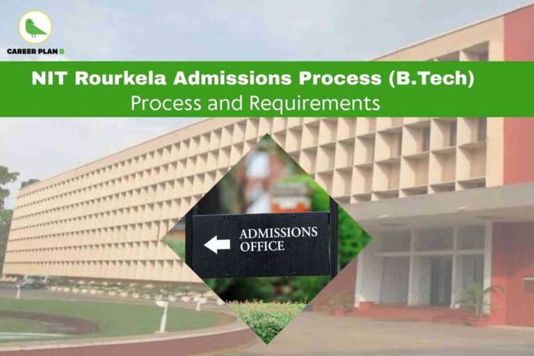 An image features the distinctive façade of the NIT Rourkela campus with its geometric patterns and modern architecture as the background. In the center, a diamond-shaped frame highlights a black sign with white lettering and an arrow pointing left, labeled “ADMISSIONS OFFICE.” At the top left, the Career Plan B logo with a green bird inside a yellow circle is visible. The top of the image displays a bold green banner with white text reading, “NIT Rourkela Admissions Process (B.Tech),” and just below, in a lighter font, “Process and Requirements.” This image naturally emphasizes the NIT Rourkela B.Tech Admissions 2026 process, featuring essential guidance about steps, eligibility, and the admissions office for prospective students.