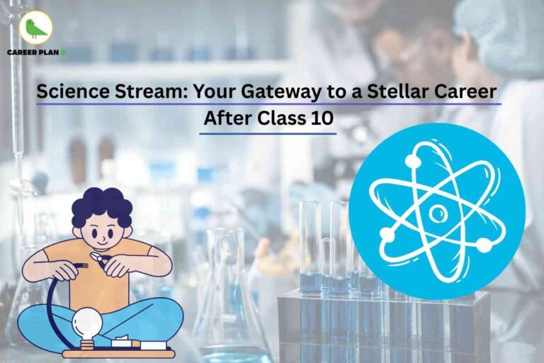 An image features a science-themed background set in a laboratory with glass beakers and test tubes partially filled with blue liquid, capturing an academic and experimental environment. On the left side, an illustrated student sits cross-legged, working on a physics experiment with a bulb and wires, symbolizing hands-on learning and curiosity. On the right, there is a large blue circle with a white atom icon at the center, representing the essence of science. At the top, bold text reads “Science Stream: Your Gateway to a Successful Career After Class 10,” emphasizing the promising opportunities and career pathways available to students who choose the science stream after completing Class 10. The Career Plan B logo with a green bird inside a yellow circle is visible at the top left.