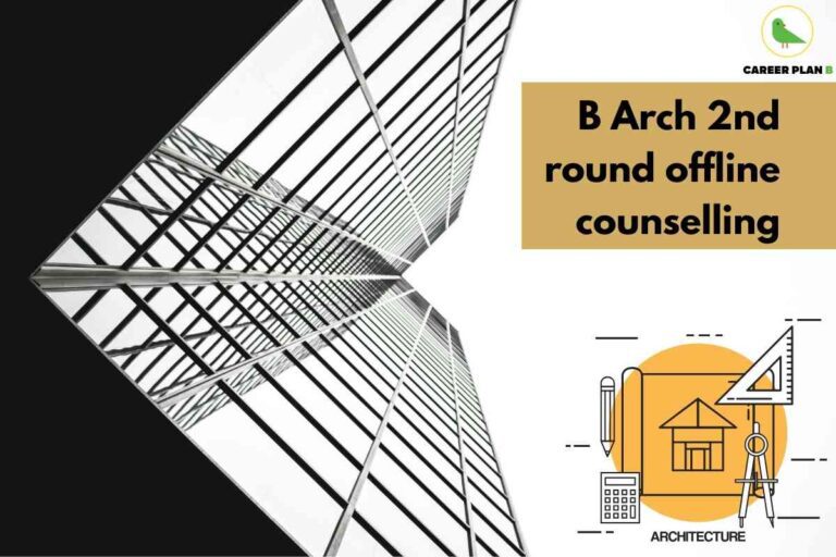Informative banner announcing “B Arch 2nd round offline counselling” for IP University (Guru Gobind Singh Indraprastha University) for the 2025–26 academic session, created by Career Plan B. The left side features a dramatically angled black-and-white architectural photograph of intersecting glass-and-steel grids—symbolizing creativity and the field of architecture. The top right section displays the Career Plan B logo—a green bird inside a minimalist yellow circle, with the brand name beneath in black and green. Just below, on a gold color-block, bold black text reads: “B Arch 2nd round offline counselling.” The lower right corner shows a clean illustration: a house floor plan, geometric drawing tools (compass, set square, pencil, calculator), and a yellow circle labeled “ARCHITECTURE”—visually reinforcing the program’s design focus. The overall composition clearly communicates the schedule update for B.Arch offline counseling, using modern architectural motifs and concise visual cues, without depicting any personal faces or features.