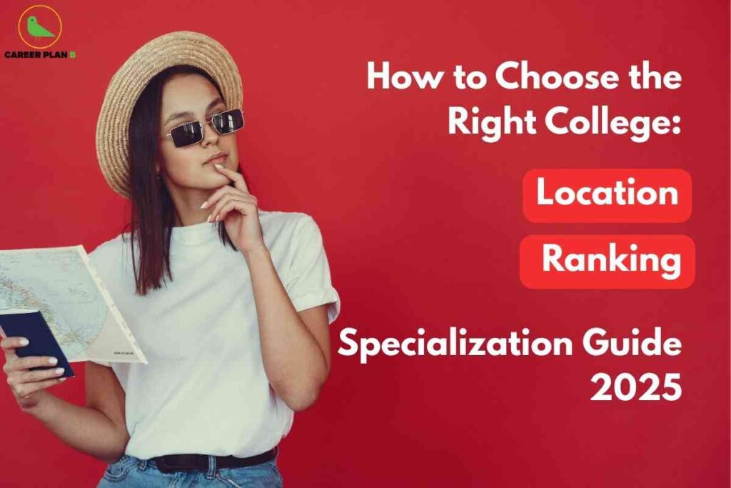 A student stands against a bright red background wearing a straw hat, a plain white t-shirt, and jeans. The student holds an open map and a dark-colored passport, striking a thoughtful pose. On the right side, bold white text reads: "How to Choose the Right College:" followed by two red boxes labeled "Location" and "Ranking." At the bottom, the text continues, "Specialization Guide 2025." The "CAREER PLAN" logo with a green bird is placed at the top left, emphasizing guidance for choosing a college based on important criteria.