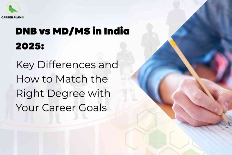 An educational image with a white and pale blue background, displaying silhouettes of professionals and scientific hexagonal patterns. On the left side, bold black text reads, "DNB vs MD/MS in India 2025: Key Differences and How to Match the Right Degree with Your Career Goals." On the right, a close-up photo depicts a hand holding a pencil and filling out an answer sheet or test. The top left corner features the "CAREER PLAN" logo with a green bird, emphasizing guidance for prospective medical graduates in choosing the best postgraduate pathway.