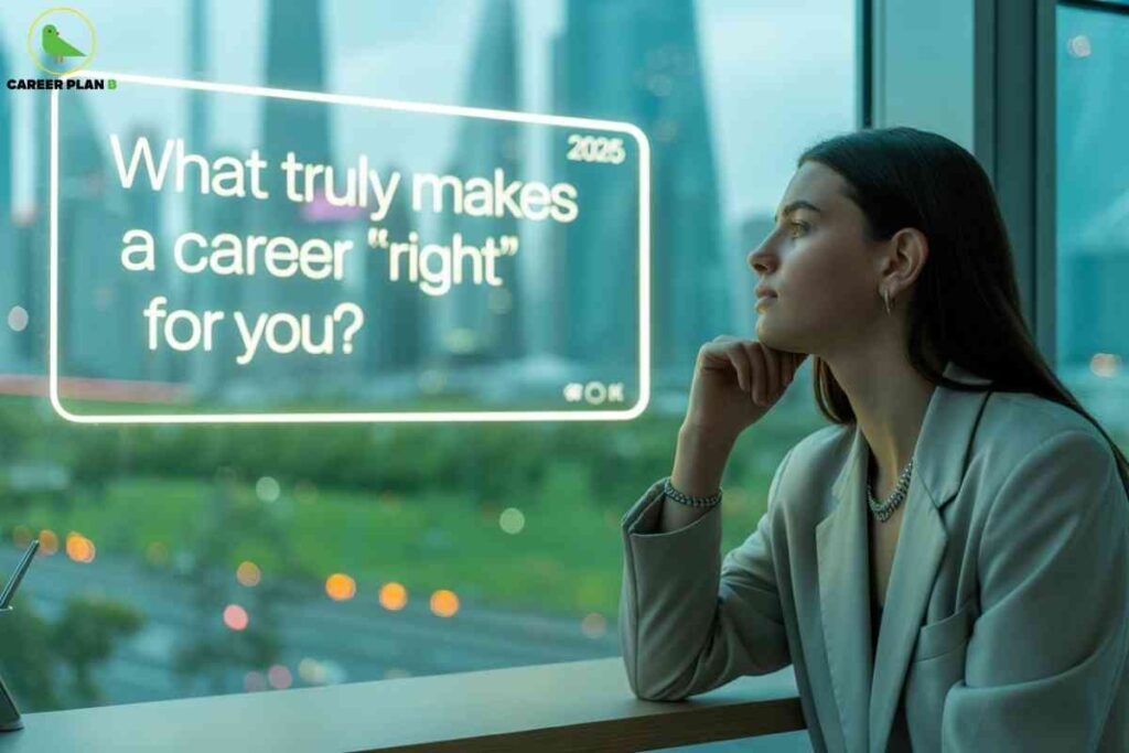 A professional woman dressed in a business suit sits thoughtfully by a large window in an office, overlooking a vibrant city skyline with modern skyscrapers. She rests her chin on her hand, appearing deep in contemplation. In front of her, a digital holographic display poses the question, “What truly makes a career right for you?” This image captures the introspective moment of evaluating one’s values, interests, and motivations when making important career decisions. It emphasizes the complex psychological factors involved in choosing a fulfilling and suitable career path. In the upper left corner, the logo for Career Plan B, featuring a green bird inside a yellow circle with the brand name beside it, underscores the theme of thoughtful career planning and guidance.