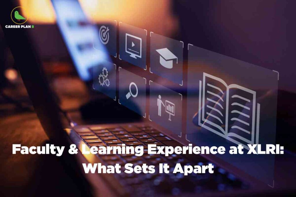 Laptop keyboard with holographic digital icons floating above including monitor graduation cap magnifying glass open book and business presentation symbols showcasing XLRI faculty teaching methodology and learning experience what sets it apart with Career Plan B logo and warm blurred background