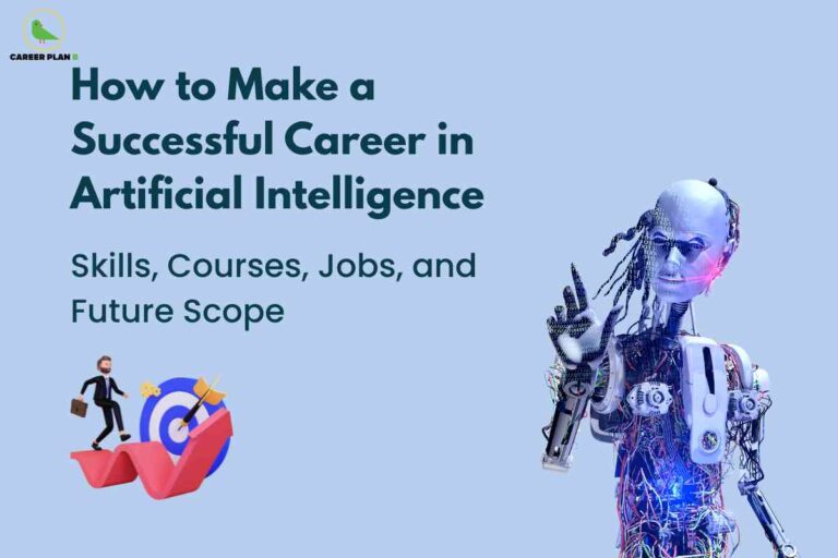 A humanoid robot with visible circuits and mechanical features gestures beside text about building a successful artificial intelligence career, with graphics of a man running toward a target symbolizing progress, skills and future opportunities in artificial intelligence career.