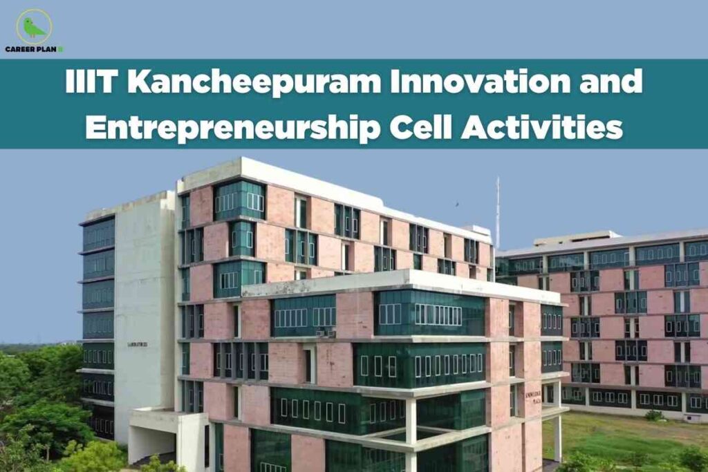 The image displays a large, modern academic building with several floors, featuring a combination of pink and cream exterior walls and green-tinted windows. The building is surrounded by greenery and set against a clear blue sky. At the top left, the green bird logo labeled "CAREER PLAN B" is present. Across the top center, a teal banner with bold white text reads "IIIT Kancheepuram Innovation and Entrepreneurship Cell Activities." The visual conveys the theme of innovation and entrepreneurship initiatives taking place within the campus of IIIT Kancheepuram.