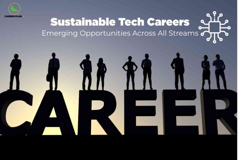 A modern, aspirational graphic designed for a career guidance platform emphasizes sustainable technology careers. The backdrop is a gradient sky at dawn or dusk with silhouettes of eight diverse people—both male and female—standing confidently atop large, bold 3D black letters spelling "CAREER" across the bottom of the image. In the top left, a green rounded "CAREER PLAN" logo is present. At the top center, bold white text reads: “Sustainable Tech Careers,” with a subtitle below: “Emerging Opportunities Across All Streams.” To the right of the title is a white outline icon of a computer microchip, symbolizing technology. The image conveys innovation, teamwork, and the vast potential for sustainable tech roles across different industries.