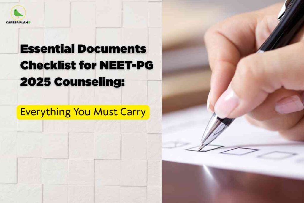 A clear documents checklist image for NEET PG 2025 Counseling, featuring a close-up of a hand checking boxes on a form with a pen, set against a tiled background, and bold black headline text reading “Essential Documents Checklist for NEET-PG 2025 Counseling: Everything You Must Carry,” visually emphasizing the list of crucial documents required for attending NEET PG 2025 counseling.