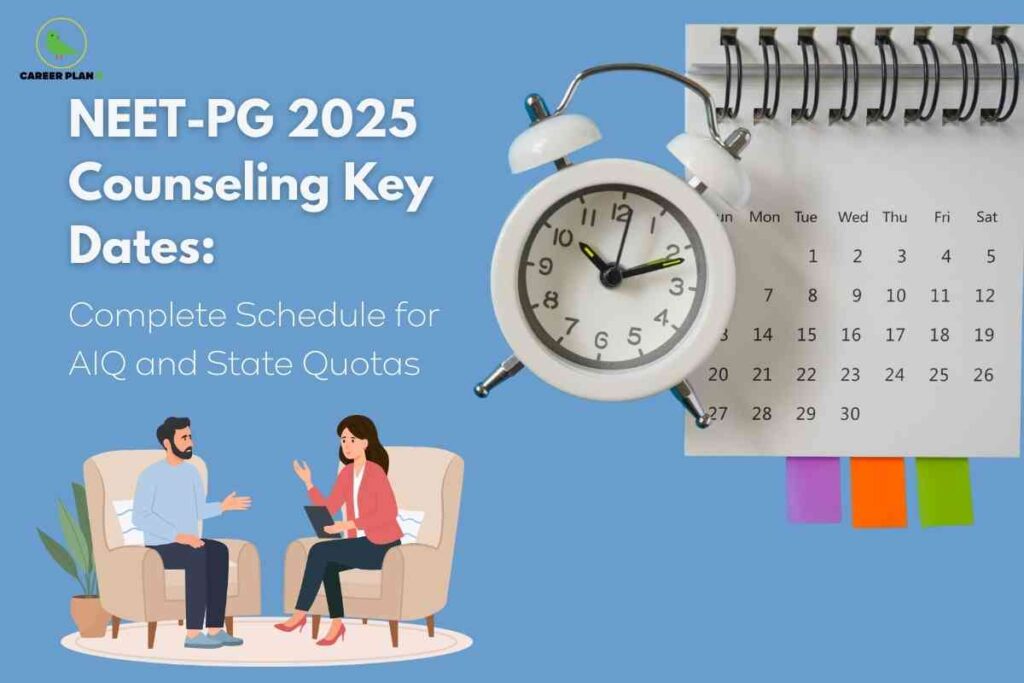 A schedule-focused NEET PG 2025 counseling dates image, featuring a blue background with large white text reading “NEET-PG 2025 Counseling Key Dates: Complete Schedule for AIQ and State Quotas,” alongside a white clock and monthly calendar for date emphasis, and an illustration of two people discussing counseling details, visually highlighting important registration and counseling dates for postgraduate medical admissions in 2025.