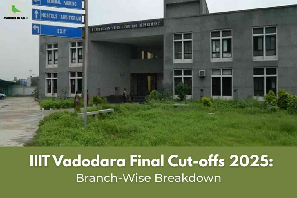 A branch-wise cutoff disclosure image for IIIT Vadodara Cutoffs 2025, featuring the modern campus building with a visible green lawn and directional signboards, and a bold green banner at the bottom stating “IIIT Vadodara Final Cut-offs 2025: Branch-Wise Breakdown,” visually emphasizing detailed cutoff ranks and analysis by program for the 2025 admission cycle.