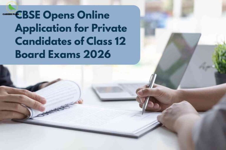 An informational application update image for CBSE Class 12 private candidates 2026, featuring two people filling out forms with a laptop in the background, and a large blue textbox at the top that reads “CBSE Opens Online Application for Private Candidates of Class 12 Board Exams 2026,” visually highlighting important details about the online application process for private students appearing in the 2026 board exams.