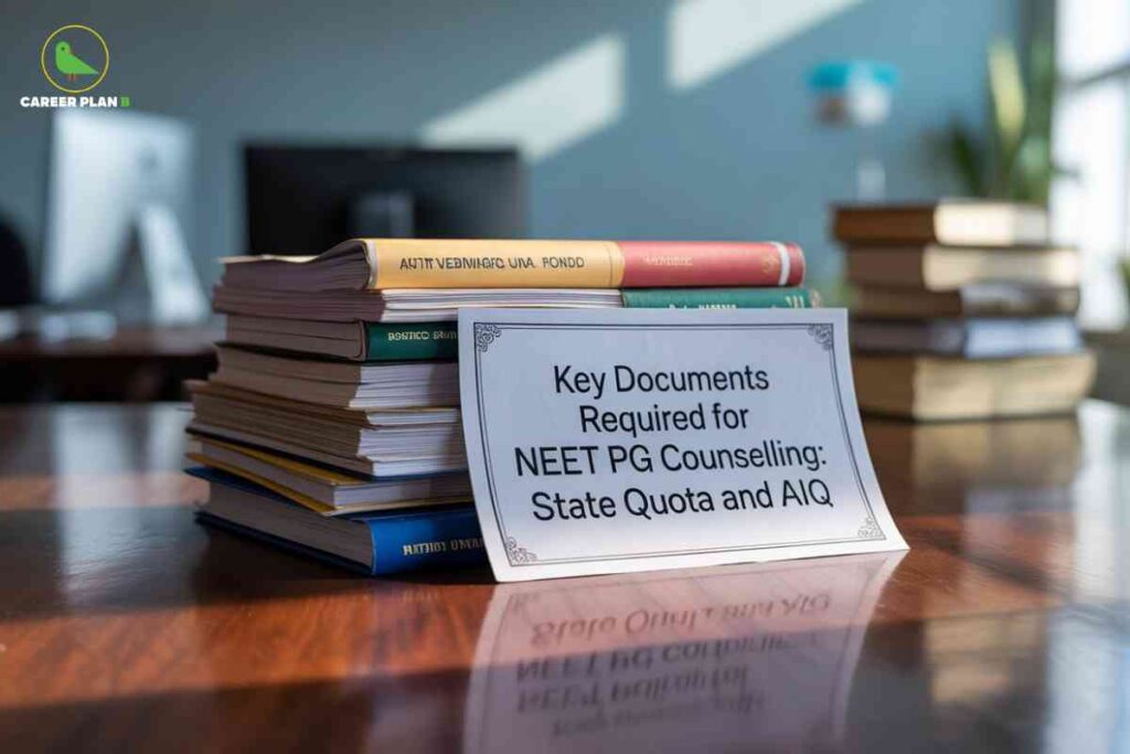 Stack of academic textbooks and educational materials on polished wooden table with white placard displaying key documents required for NEET PG counselling state quota and AIQ in modern office setting with Career Plan B logo and soft natural lighting
