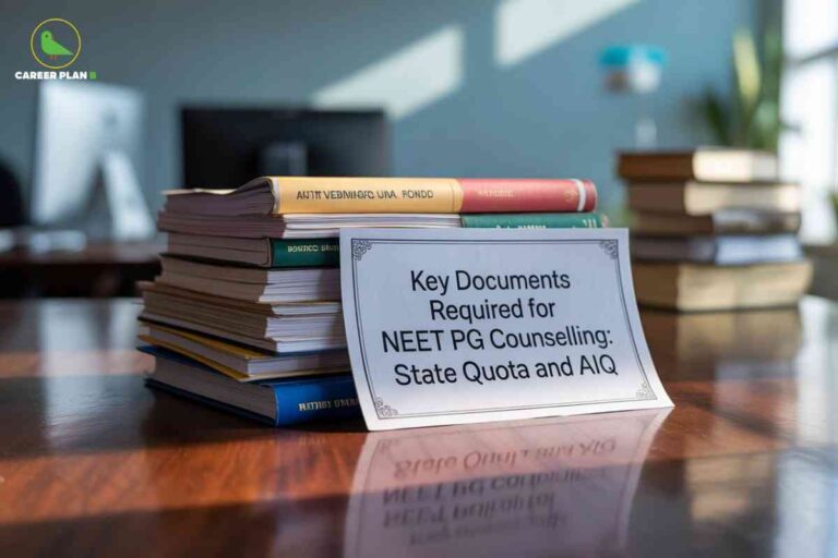 Stack of academic textbooks and educational materials on polished wooden table with white placard displaying key documents required for NEET PG counselling state quota and AIQ in modern office setting with Career Plan B logo and soft natural lighting