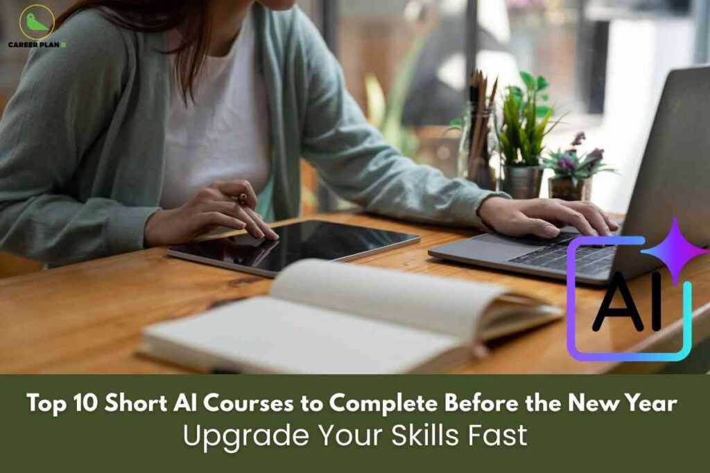 A focused scene shows a person at a wooden desk using both a laptop and a tablet, surrounded by notebooks, pencils, and small plants, symbolizing active online learning and skill development. In the lower right, an "AI" icon with a sparkle motif reinforces the subject of artificial intelligence. The bottom headline reads "Top 10 Short AI Courses to Complete Before the New Year – Upgrade Your Skills Fast," highlighting practical course recommendations for rapid upskilling in artificial intelligence. The Career Plan B logo appears at the top left, linking the image to trustworthy educational guidance.