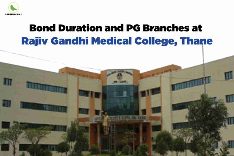Modern cream and orange colored medical college building with glass central entrance and symmetrical wings displaying Bond Duration and PG Branches at Rajiv Gandhi Medical College Thane with landscaped gardens and clear sky background featuring Career Plan B logo
