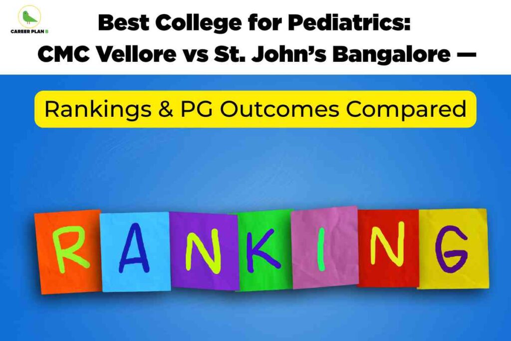 The image presents a colorful ranking theme for pediatric medical colleges. At the top, a white banner features the bold black text: "Best College for Pediatrics: CMC Vellore vs St. John’s Bangalore —" followed by a bright yellow bar with bold black text stating, "Rankings & PG Outcomes Compared." The lower portion of the image has a blue background, with multicolored square papers arranged in a line spelling out "RANKING" in playful, hand-drawn style letters. The "CAREER PLAN B" logo with a green bird is in the top left corner. The overall design visually emphasizes evaluation, comparison, and outcomes between the two pediatric colleges.